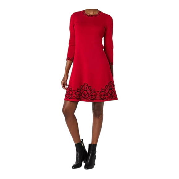 NWT Women's JH Collection Scroll 3/4 Sleeve Sweater Dress Red/Black Size XL - Picture 1 of 16